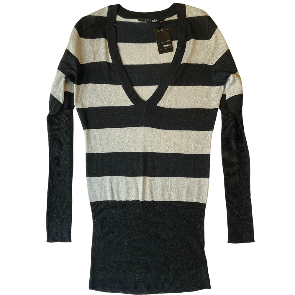 Mix It Women Blouse size S Long Sleeve Vneck Stretchy Glitter Stripes Black Gray